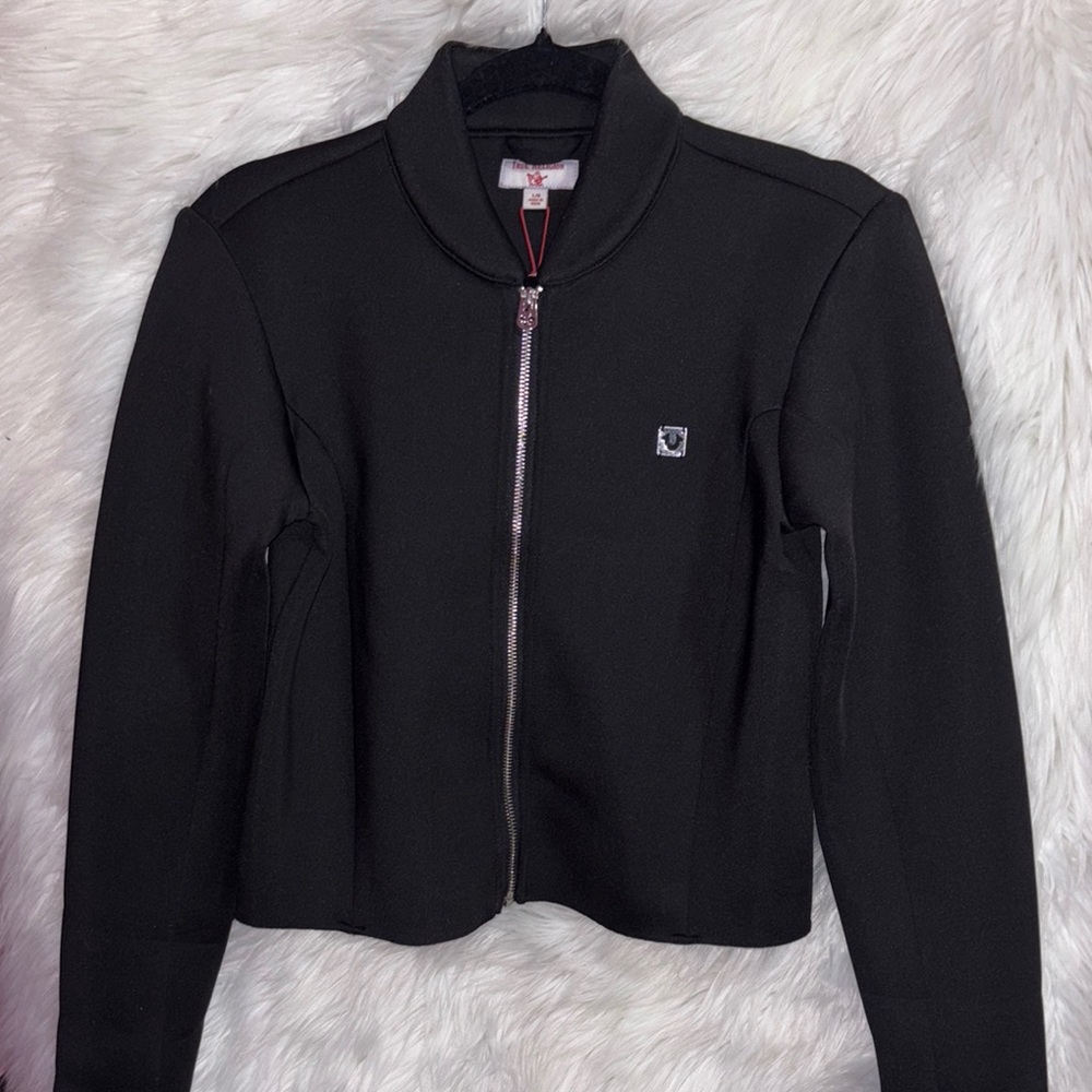 True Religion Black Bomber Jacket with Stand-Up Collar and Fitted Silhouette
